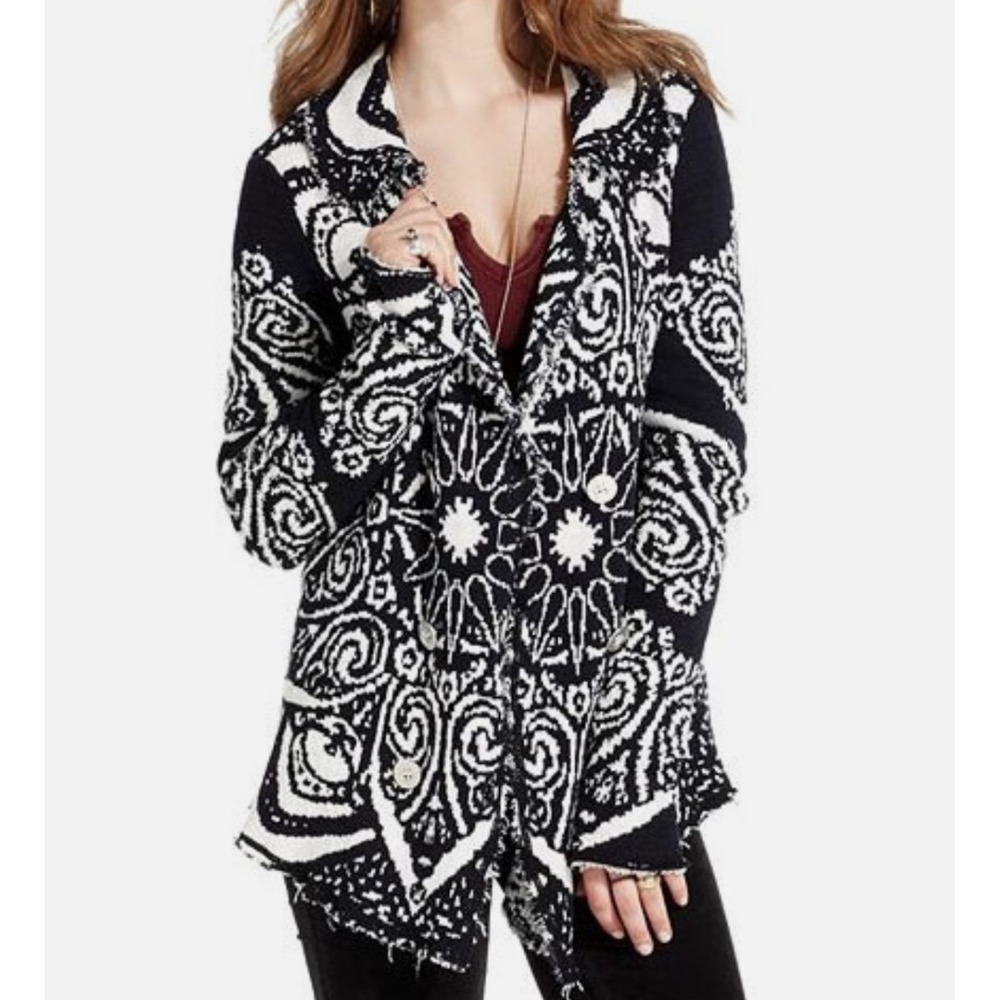 Free People Womens Cardigan M Mandella Intarsia Black White Frayed Knit Sweater